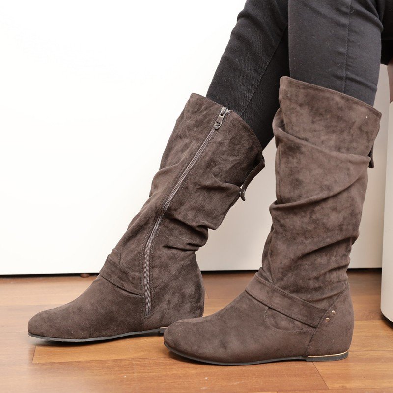 جزمة مخمل ساق طويل للنساء لون رمادي