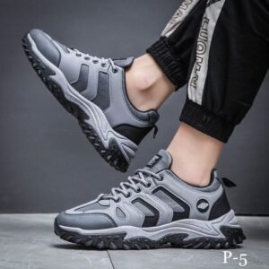 حذاء كاجوال رياضي جلد لون رمادي وأسود