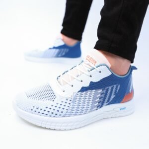 حذاء فاشن كاجوال جلد ونسيج للرجال لون أزرق ونعل أبيض