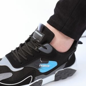 حذاء فاشن كاجوال جلد ونسيج للرجال لون أسود ونعل أبيض وأسود