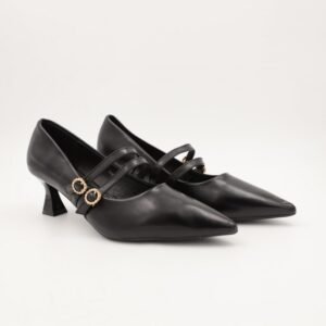 حذاء كعب رفيع متوسط للنساء مع حزام لون اسود