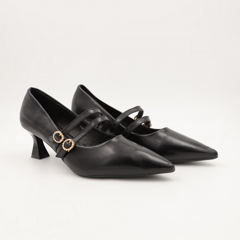 حذاء كعب رفيع متوسط للنساء مع حزام لون اسود