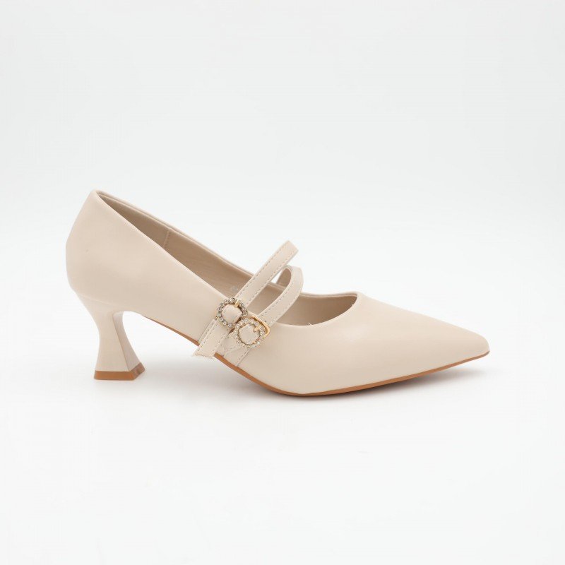 حذاء كعب رفيع متوسط للنساء مع حزام لون بيج