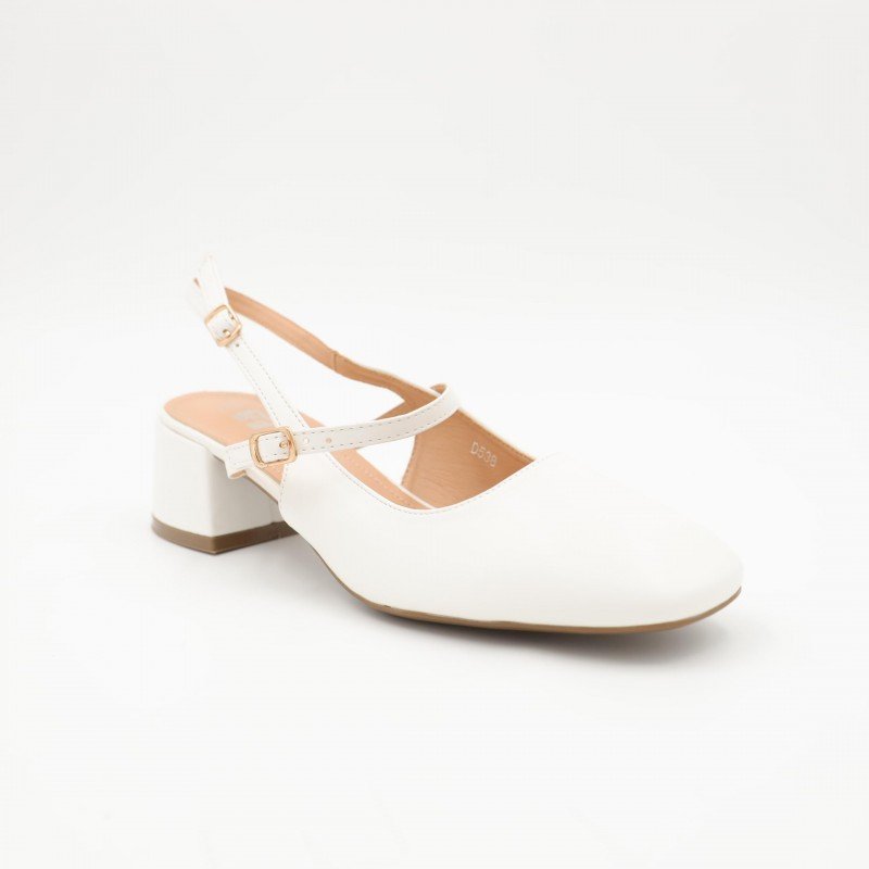 حذاء كعب ستاتي عريض متوسط مفتوح من الخلف لون ابيض