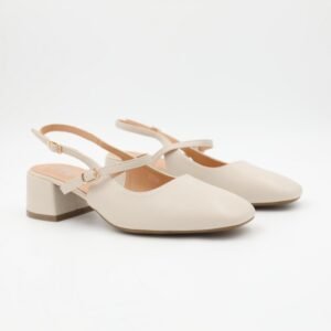 حذاء كعب ستاتي عريض متوسط مفتوح من الخلف لون بيج