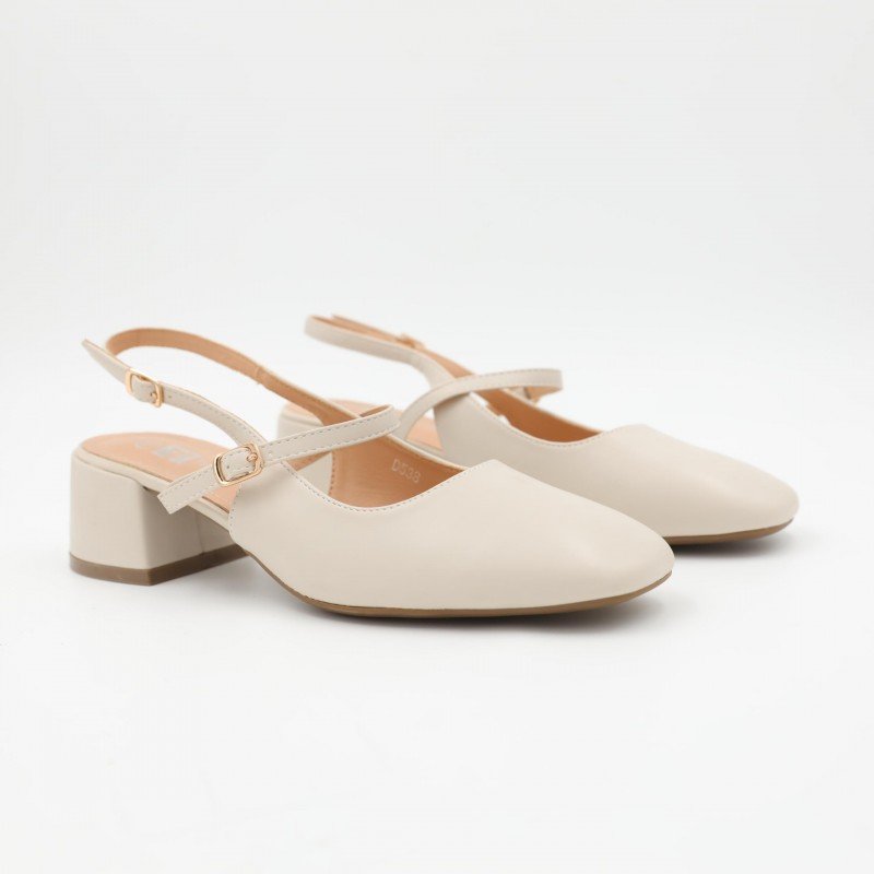 حذاء كعب ستاتي عريض متوسط مفتوح من الخلف لون بيج