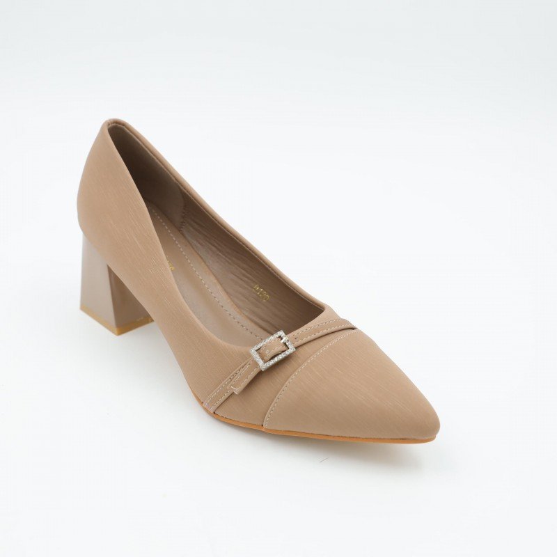 حذاء كعب عالي عريض لون بيج