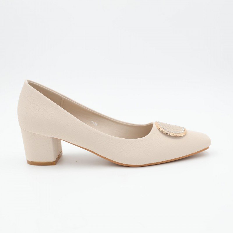 حذاء كعب عريض عالي للنساء لون بيج