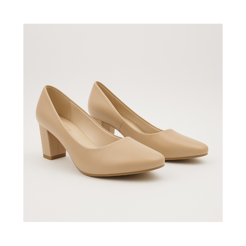 حذاء كعب عريض عالي للنساء لون بيج