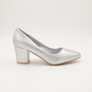 حذاء كعب عريض عالي للنساء لون فضي