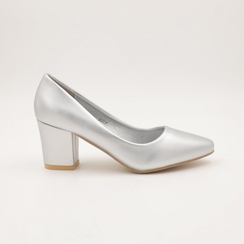 حذاء كعب عريض عالي للنساء لون فضي