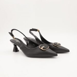 حذاء كعب متوسط رفيع ستاتي بتصميم مفتوح من الخلف لون اسود