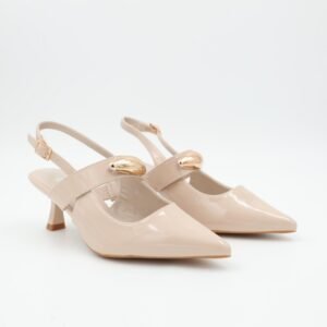 حذاء كعب متوسط رفيع للنساء لون بيج لامع