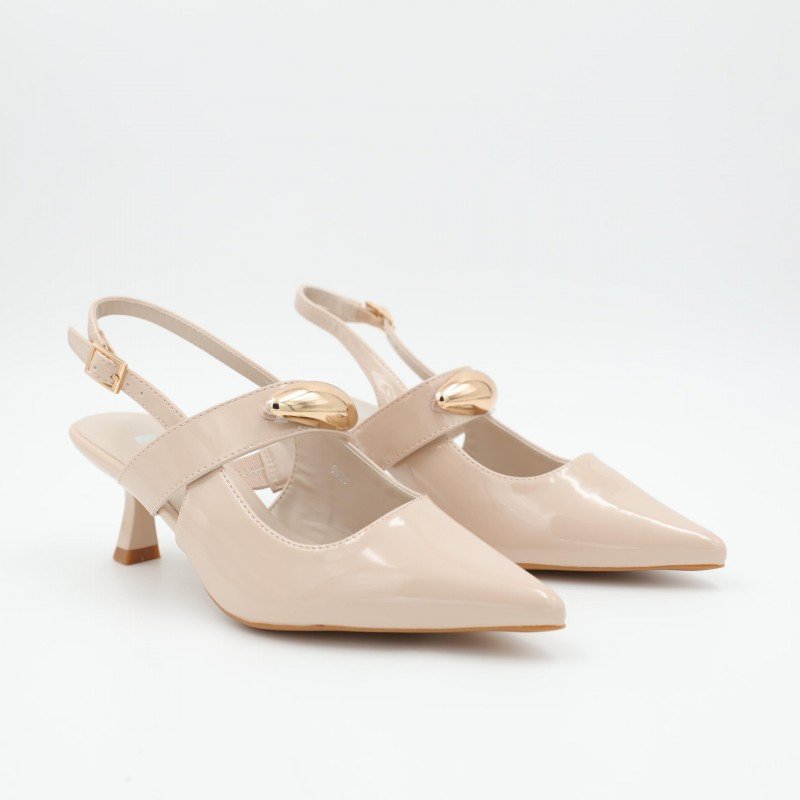 حذاء كعب متوسط رفيع للنساء لون بيج لامع