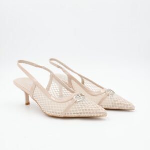 حذاء كعب متوسط رفيع نسائي بتصميم كلاسيكي مشبك مفتوح من الخلف لون بيج