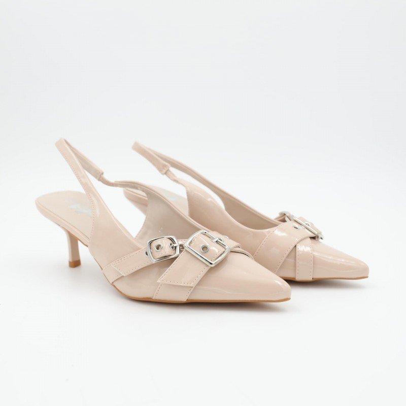 حذاء كعب متوسط رفيع نسائي بتصميم كلاسيكي مفتوح من الخلف لون بيج