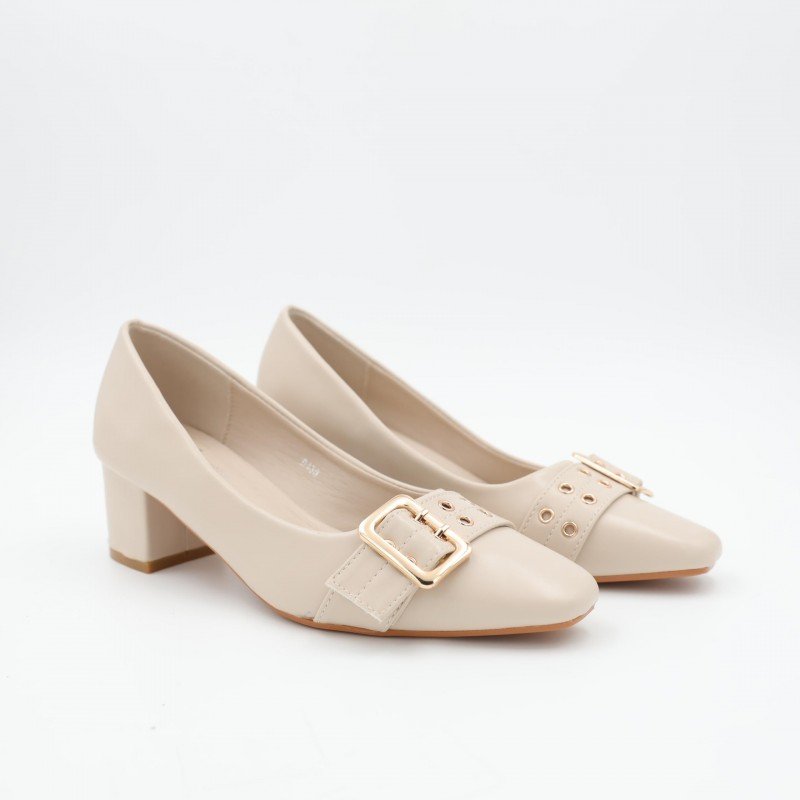 حذاء كعب متوسط نسائي بتصميم كلاسيكي مع احزمه مزخرفه لون بيج