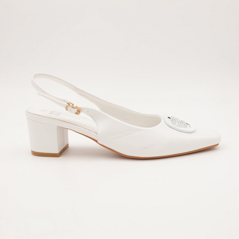 حذاء كعب متوسط نسائي بكعب عريض بتصميم مفتوح من الخلف لون ابيض