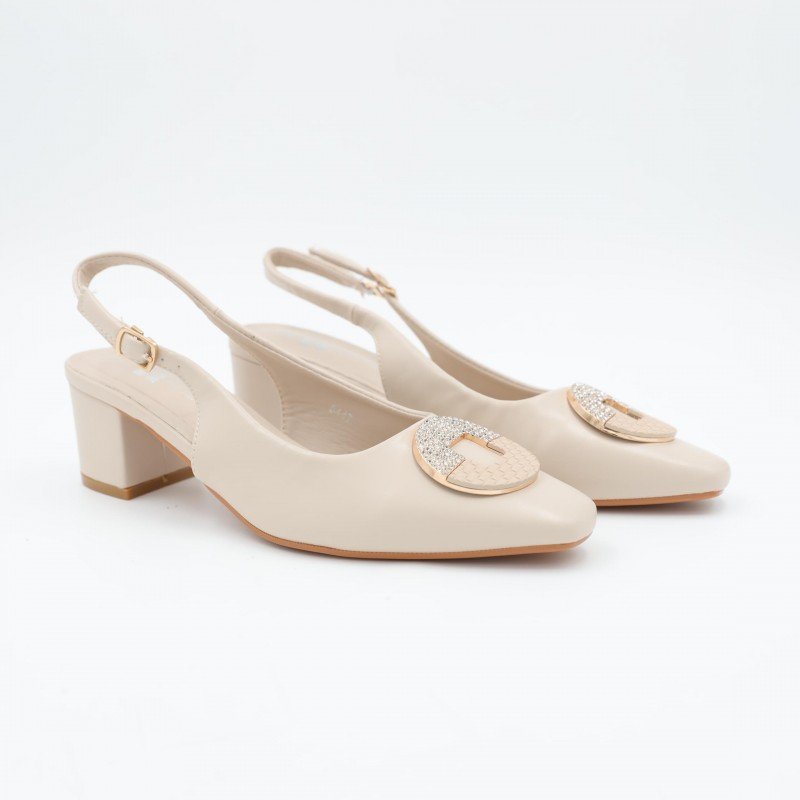 حذاء كعب متوسط نسائي بكعب عريض بتصميم مفتوح من الخلف لون بيج