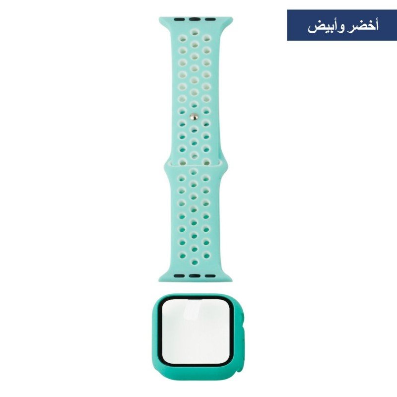حزام سيليكون رياضي مع حماية شاشة لساعة أبل، متوافقة مع سلسلة ساعات ابل بمقاسات: 42 - 44 ملم - لون أخضر مع أبيض