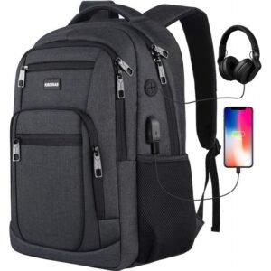شنتة حقيبة ظهر لابتوب والسفر مع منفذ شحن USB ومنفذ لكيبل سماعة الرأس - سعة كبيرة ومقاومة لرذاذ الماء - حجم 15.6 بوصة- لون أسود مع سكني غامق- ماركة DOXUNGOO