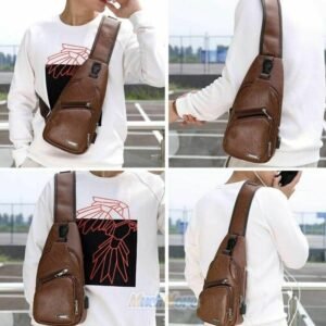 حقيبة كتف عصرية للرجال مع مدخل شحن USB مصنوعة من الجلد الصناعي ذات عدة جيوب لوضع كافة المستلزمات ومثالية في السفر لون بني