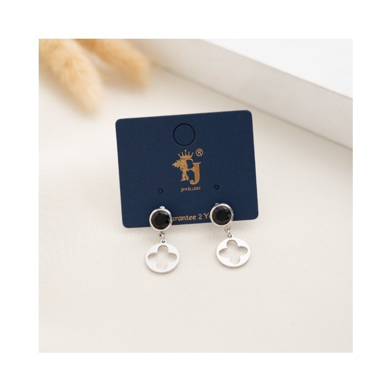 حلق فضي زركون اسود بتصميم وردة فان كليف مفرغة