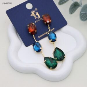 حلق نسائي متدلي بثلاثة أحجار كريستال ملونة أحمر+ أزرق+ أخضر لون ذهبي