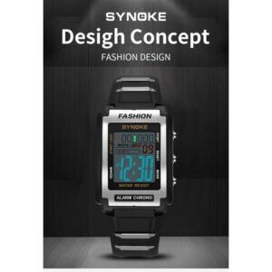 ساعة الكترونية رياضية ذات شاشة مستطيلة كبيرة - إضاءة LED - مقاومة لرذاذ الماء وضد الصدمات - حزام سيليكون - لون أسود - ماركة  Synoke 9850