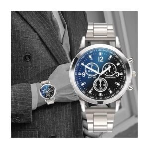 ساعة رجالية فاخرة من الستانلس ستيل - لون فضي وأرضية كحلي