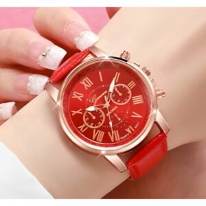 ساعة كوارتز تصميم عصري وأنيق للصبايا حزام جلد عالي الجودة لون أحمر