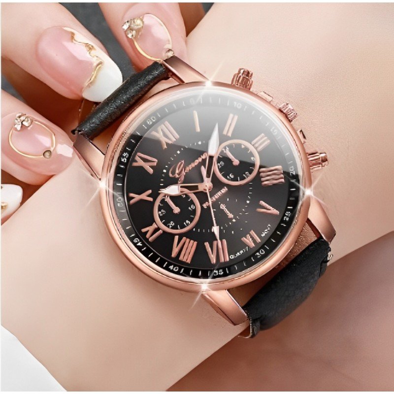 ساعة كوارتز تصميم عصري وأنيق للصبايا حزام جلد عالي الجودة لون أسود