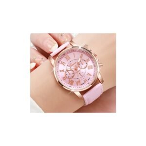 ساعة كوارتز تصميم عصري وأنيق للصبايا حزام جلد عالي الجودة لون زهري