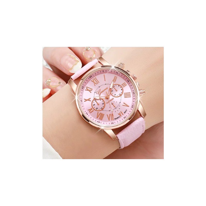 ساعة كوارتز تصميم عصري وأنيق للصبايا حزام جلد عالي الجودة لون زهري