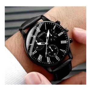 ساعة كوارتز رجالية حزام جلد - أرضية سوداء وعقارب باللون الأبيض - ماركة Geneva