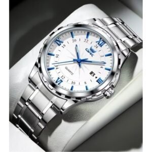 ساعة  ملكية فاخرة للرجال ماركة OPK العالمية حزام من الستانلس ستيل المقاوم للصدأ مقاومة لرذاذ الماء لون فضي مع عقارب باللون الأزرق