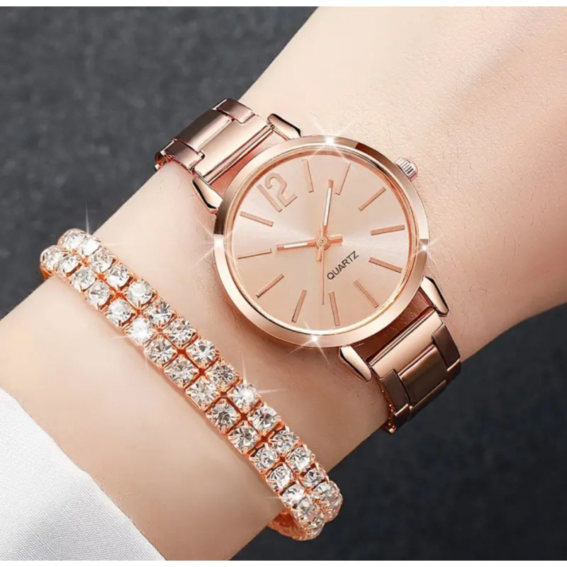 ساعة كوارتز فخمة للصبايا مع اسوارة مرصعة بالسترس اللامع - لون روز جولد