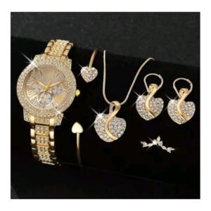 ساعة كوارتز نسائية فخمة وعصرية - 5 قطع تشمل على سوار مرصع بالألماس وسلسال وحلق وخاتم - لون ذهبي