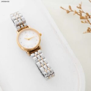 ساعة نسائية دائرية (اللون: ذهبي وفضي)