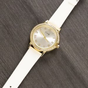 ساعة نسائية دائرية مرصعة بالزركون وحزام جلدي (اللون: ذهبي و ابيض)