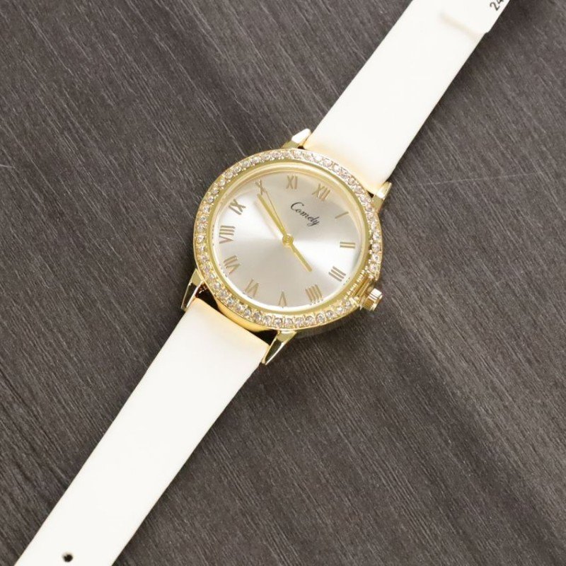 ساعة نسائية دائرية مرصعة بالزركون وحزام جلدي (اللون: ذهبي و ابيض)