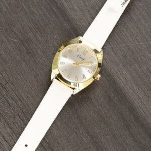 ساعة نسائية دائرية مع حزام جلدي (اللون: ذهبي و ابيض)