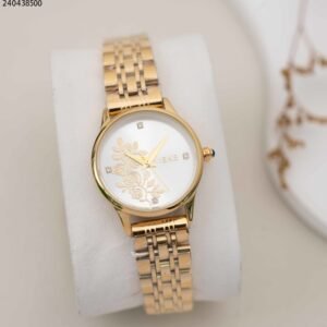 ساعة نسائية دائرية مع خلفية فراشة و حزام معدني لون ذهبي