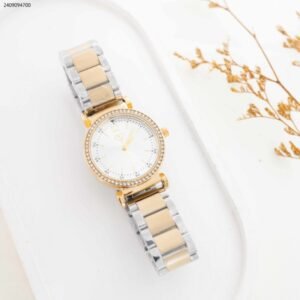 ساعة نسائية دائرية مع زركون (اللون: ذهبي وفضي)