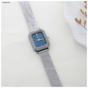 ساعة نسائية مستطيلة مع زركون (اللون: فضي وأزرق)