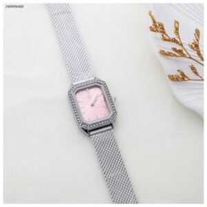 ساعة نسائية مستطيلة مع زركون (اللون: فضي وزهري)