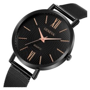 ساعة يد رجالية كوراتز من الستانلس ستيل- حزام شبكي لون أسود وعقارب باللون البرونزي