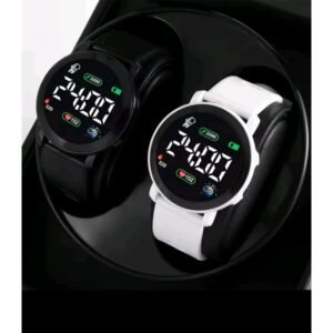 ساعة يد رقمية LED للكبلز (زوج) ذات شاشة دائرية حزام سيليكون لون أبيض وأسود