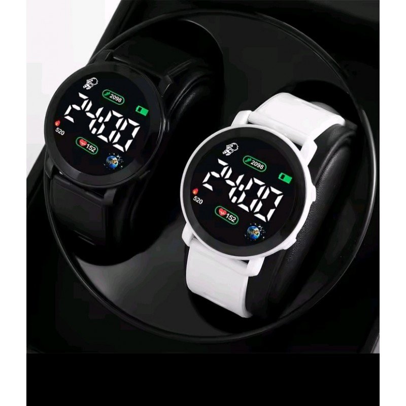 ساعة يد رقمية LED للكبلز (زوج) ذات شاشة دائرية حزام سيليكون لون أبيض وأسود