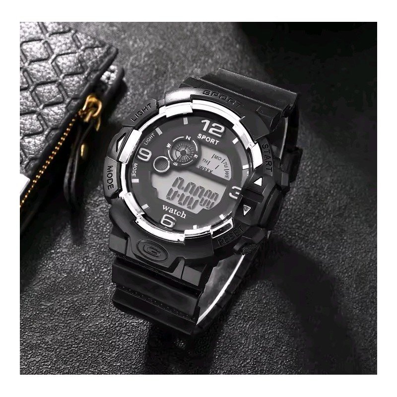 ساعة يد رياضية رقمية - بشاشة مزدوجة مع إضاءة LED رقمية لون أسود